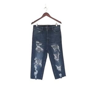 Fashion Nova Womens Dark Wash High Waisted Distressed Destroyed Cropped Jeans.